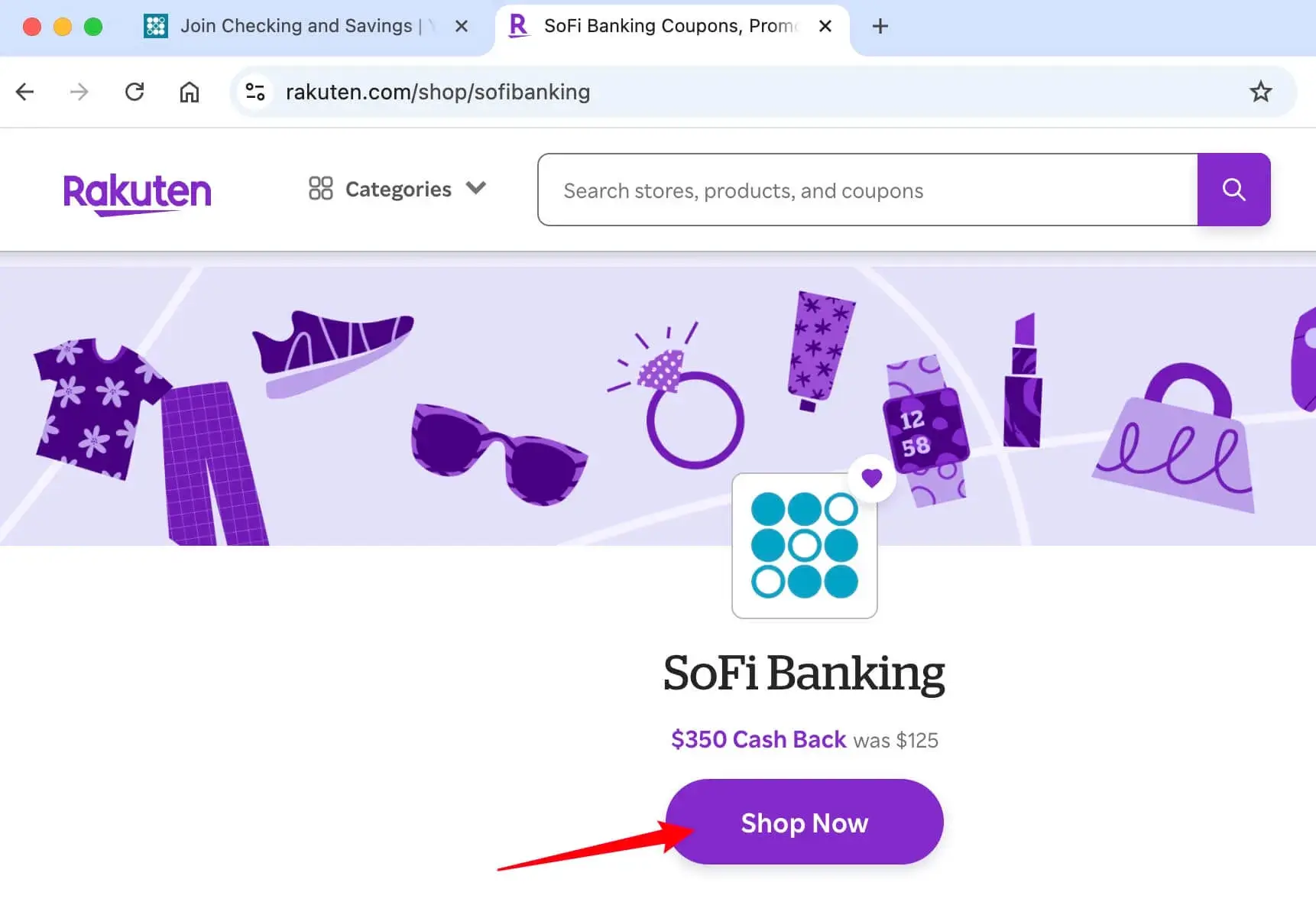 SoFi and Rakuten Combo Tab